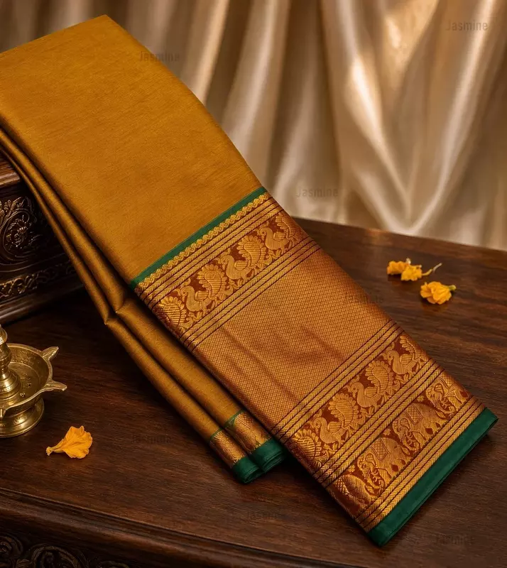 Mustard cotton saree with large green zari woven traditional border