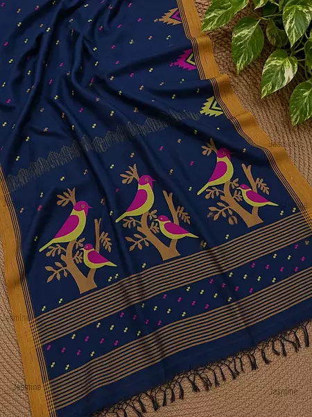120 thread count navy blue Khadi Cotton saree with bird design pallu