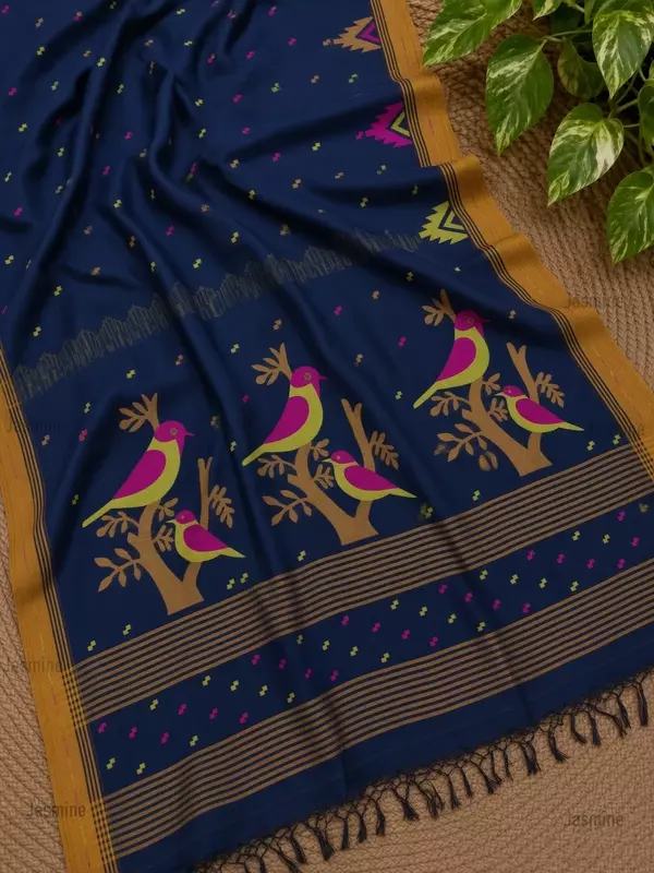 120 thread count navy blue Khadi Cotton saree with bird design pallu