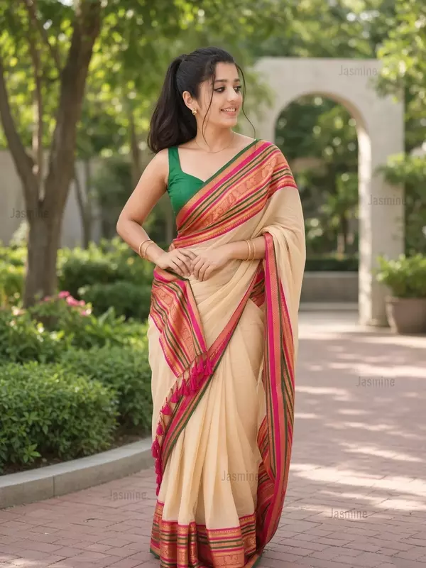 120 thread count off white Mul Cotton saree with zari border
