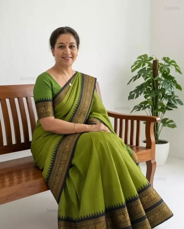 Pure Kanchi Cotton saree with elephant and peacock zari border