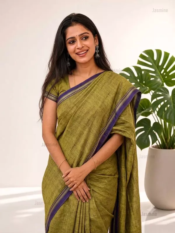 mehndi green Narayanpet Cotton Saree with blue border