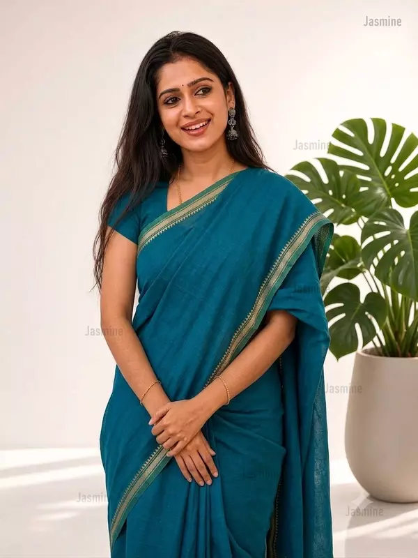 peacock blue Narayanpet Cotton Saree with self border