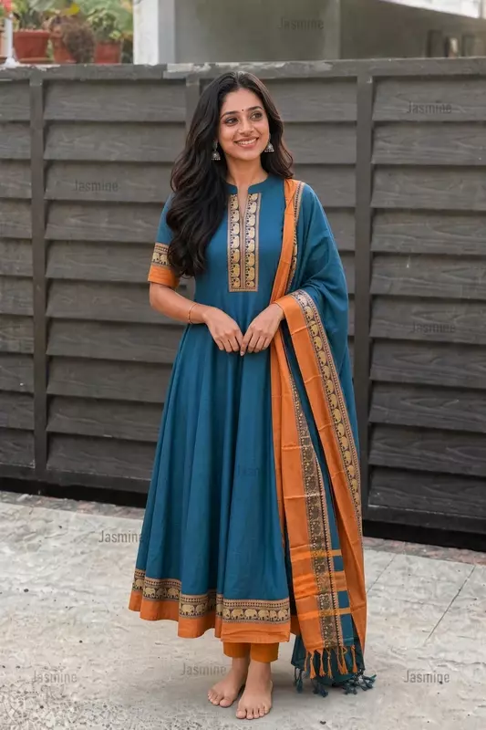 Peacock blue unstitched Narayanpet dress material with elephant thread-woven border
