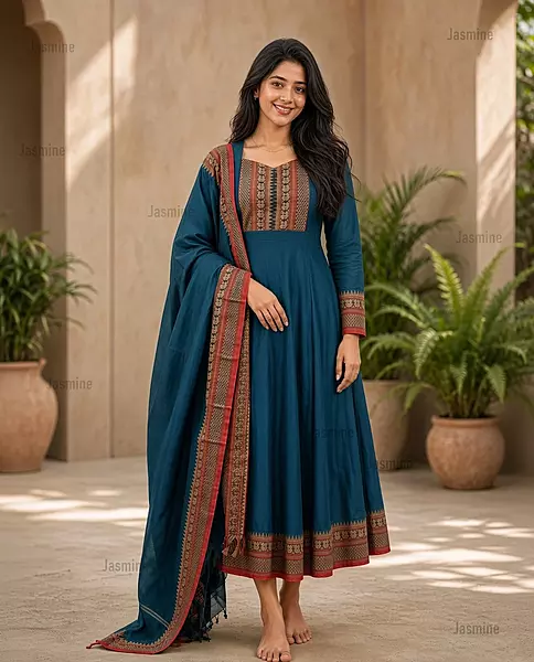 peacock blue Narayanpet Cotton Dress Material with red peacock border