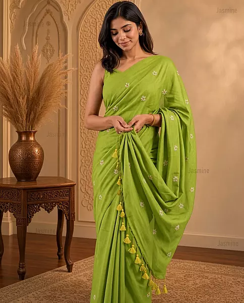 Herbal Green Khadi cotton saree with small woven embroidery