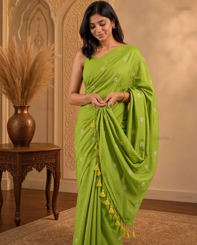 Herbal Green Khadi cotton saree with small woven embroidery