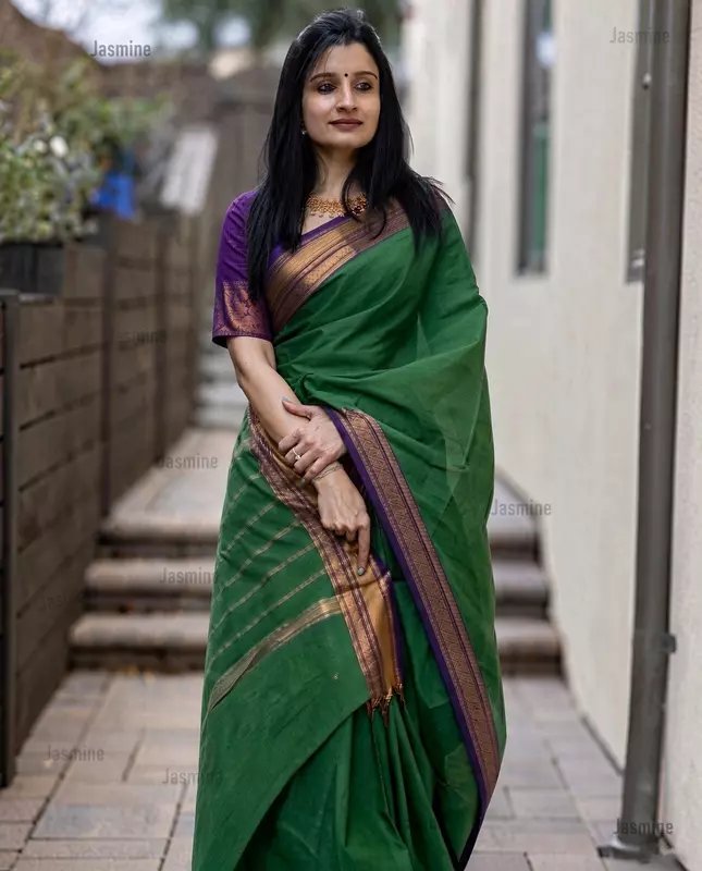 parrot green Narayanpet Cotton Saree with contrast purple zari border