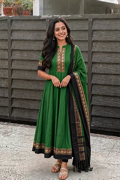 Parrot green Narayanpet salwar material with black elephant thread-woven border