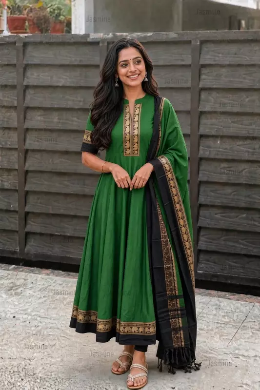 Parrot green Narayanpet salwar material with black elephant thread-woven border