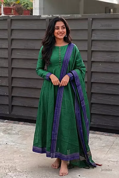 parrot green Narayanpet cotton dress material with blue contrast border