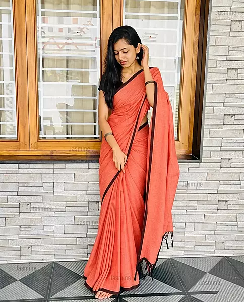 Coral peach Mul Cotton saree with brown border