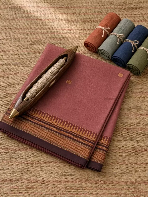 Dusty rose Narayanpet cotton saree with small butta motifs