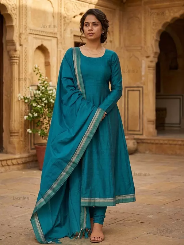peacock blue Narayanpet cotton salwar material with self border