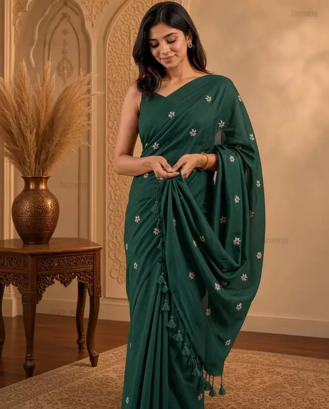 Peacock Blue Khadi cotton saree with small woven embroidery