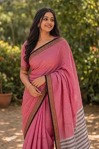 Baby pink Narayanpet cotton saree with elephant peacock threadwork