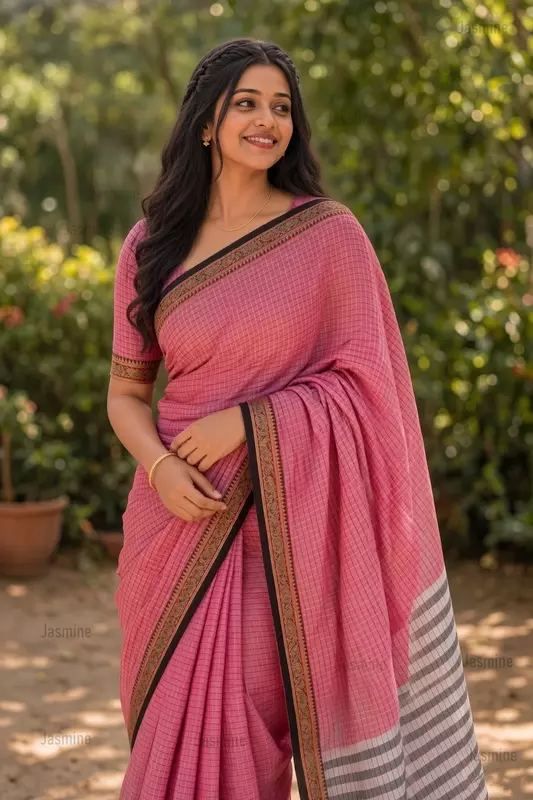 Baby pink Narayanpet cotton saree with elephant peacock threadwork