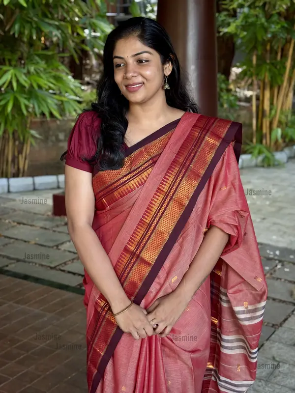 burnt rose Narayanpet Cotton Saree with small woven buttas and simple zari border