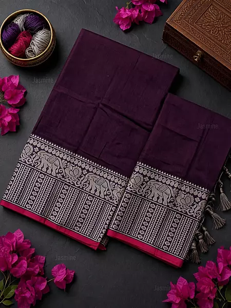 Narayanpet cotton salwar material in Deep Plum with elephant woven border