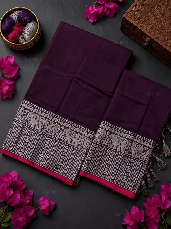 Narayanpet cotton salwar material in Deep Plum with elephant woven border