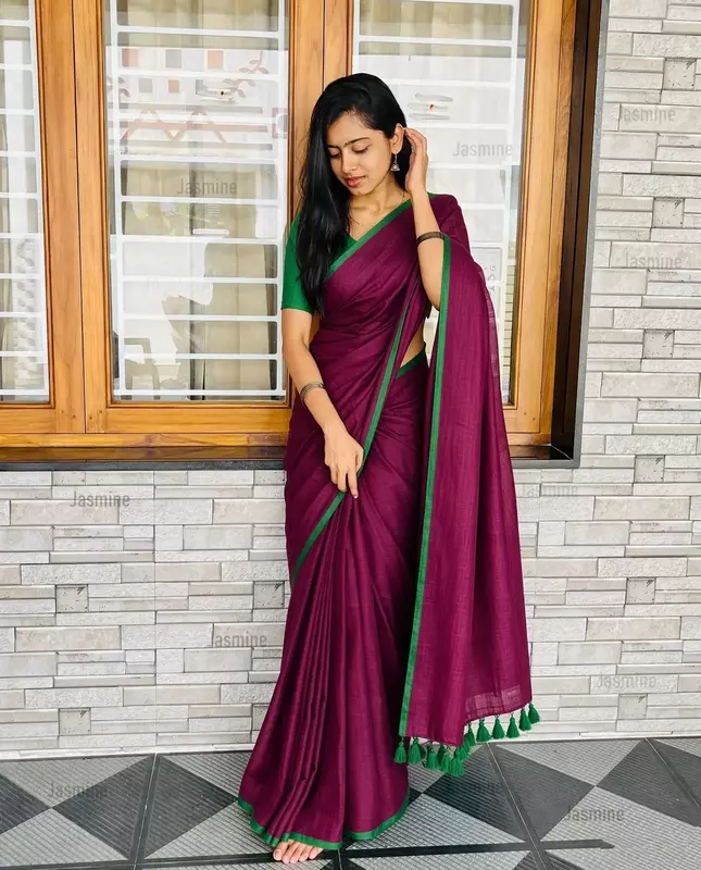 Deep wine lightweight Mul Cotton saree for women