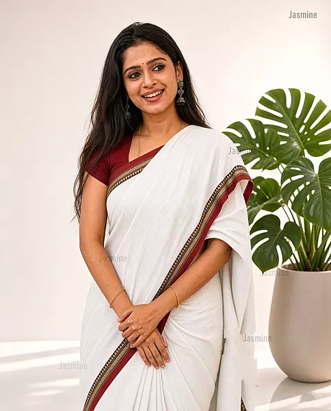 pure white Narayanpet Cotton Saree with red contrast border