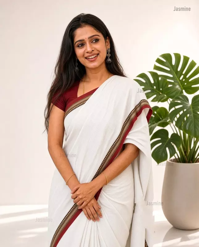 pure white Narayanpet Cotton Saree with red contrast border