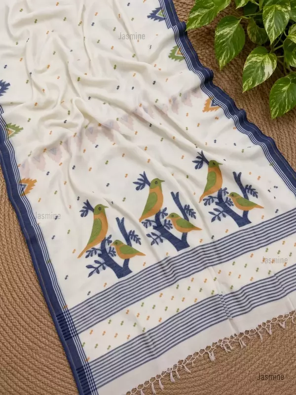 Pure 120 thread count white Khadi Cotton saree with bird design pallu