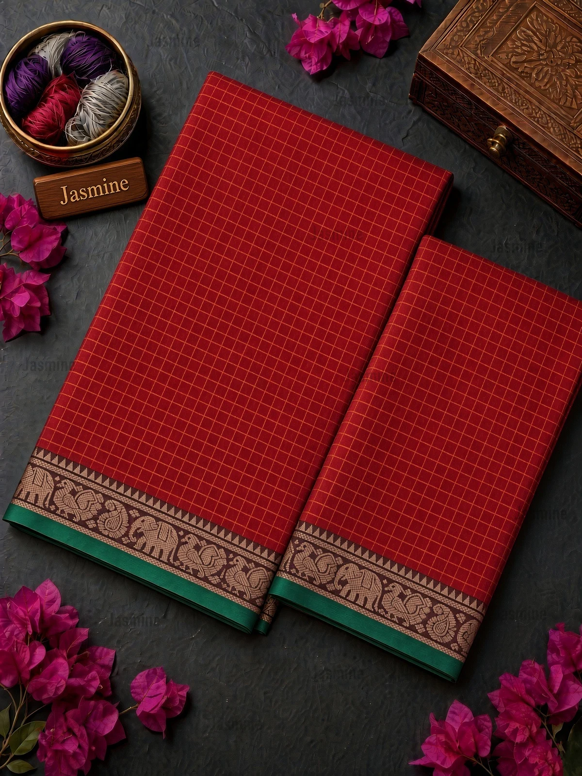 red checked Narayanpet cotton saree with green border