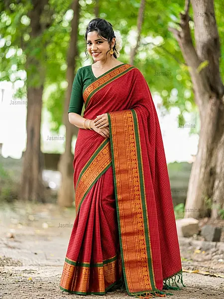 red Narayanpet mercerised cotton saree with traditional checks and woven zari border.