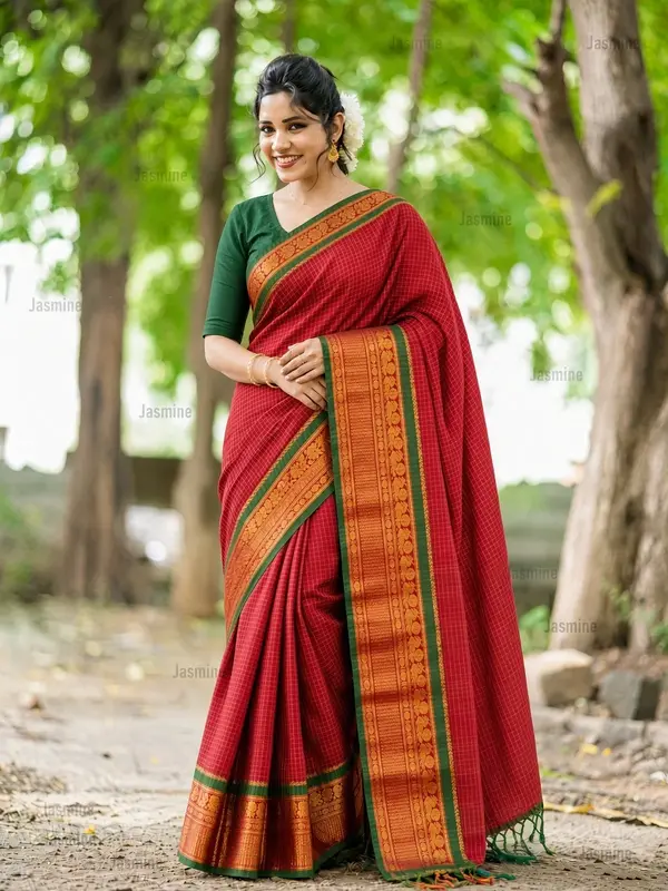 red Narayanpet mercerised cotton saree with traditional checks and woven zari border.