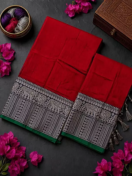 Narayanpet cotton salwar material in Red with elephant woven border