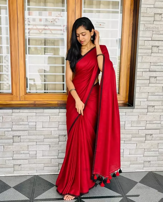 Vasanti deep crimson red Mul Cotton saree with thin border