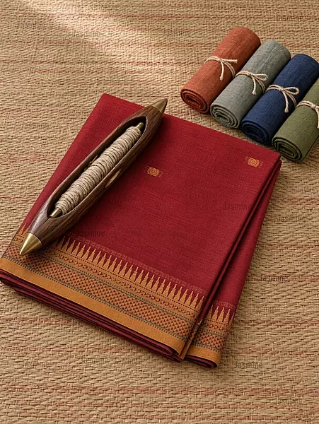Red Narayanpet cotton saree with small butta motifs and mustard border