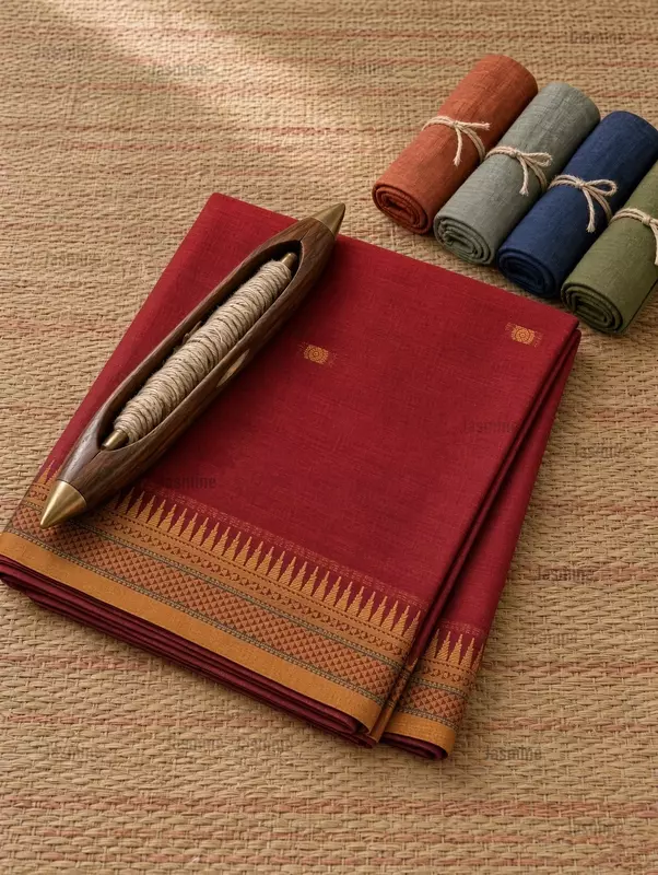 Red Narayanpet cotton saree with small butta motifs and mustard border