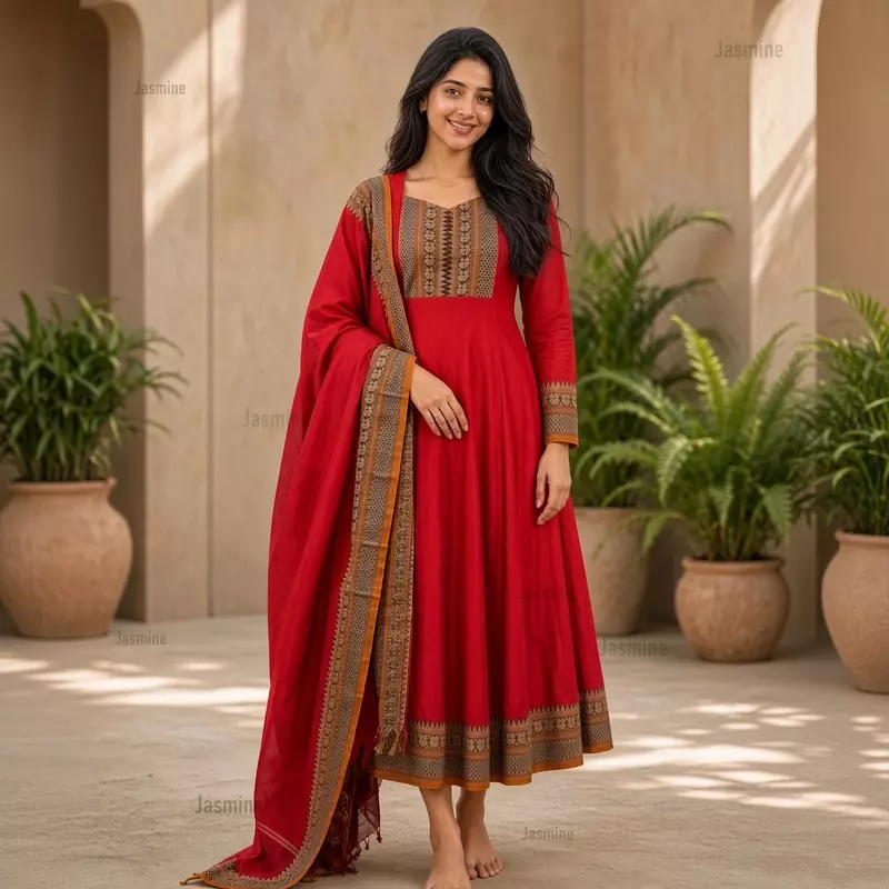 red Narayanpet Cotton Dress Material with mustard yellow peacock border