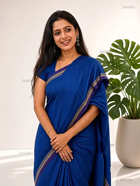 royal blue Narayanpet Cotton Saree with simple self border