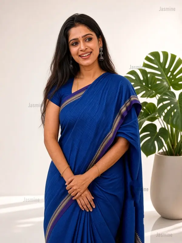 royal blue Narayanpet Cotton Saree with simple self border