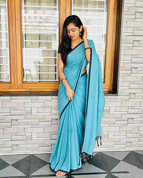 Sky blue Mul Cotton saree with super-soft texture