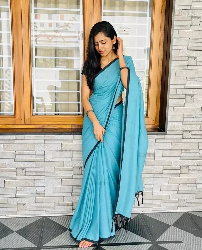 Sky blue Mul Cotton saree with super-soft texture