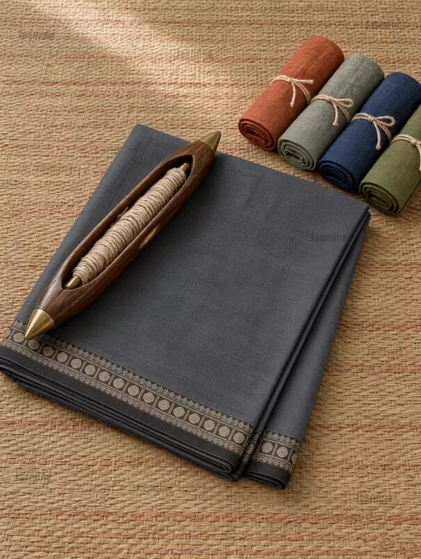 Steel grey plain Narayanpet cotton saree with small black Rudraksha border
