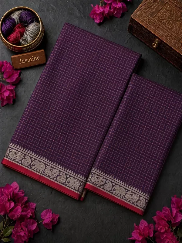 violet checked Narayanpet cotton saree with red border