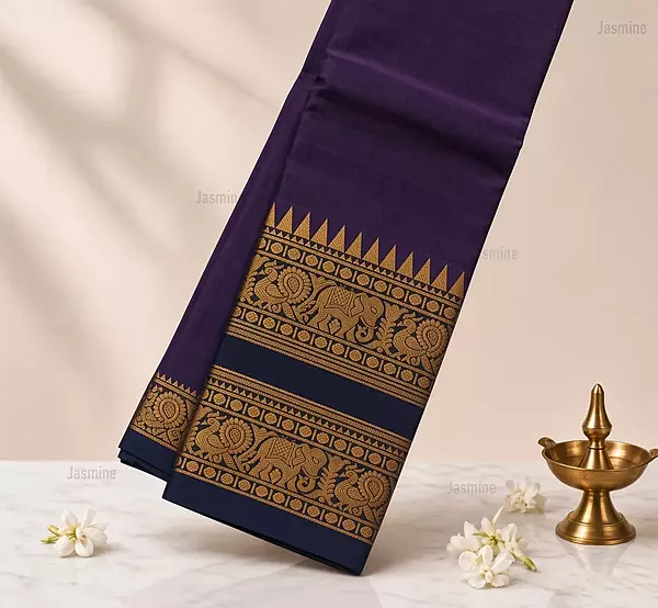 Violet Narayanpet cotton saree with elephant and peacock motifs