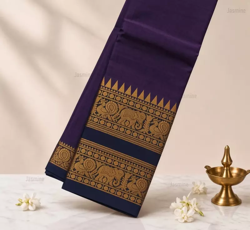 Violet Narayanpet cotton saree with elephant and peacock motifs