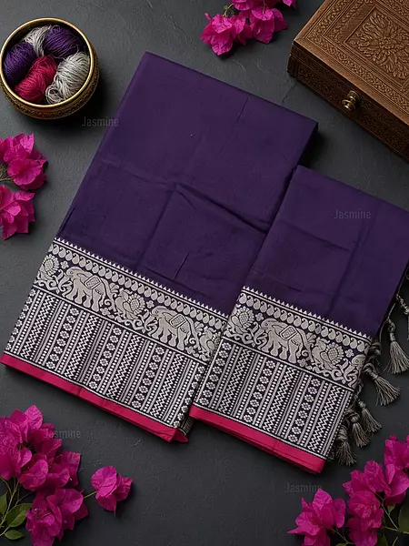 Narayanpet cotton salwar material in Violet with elephant woven border