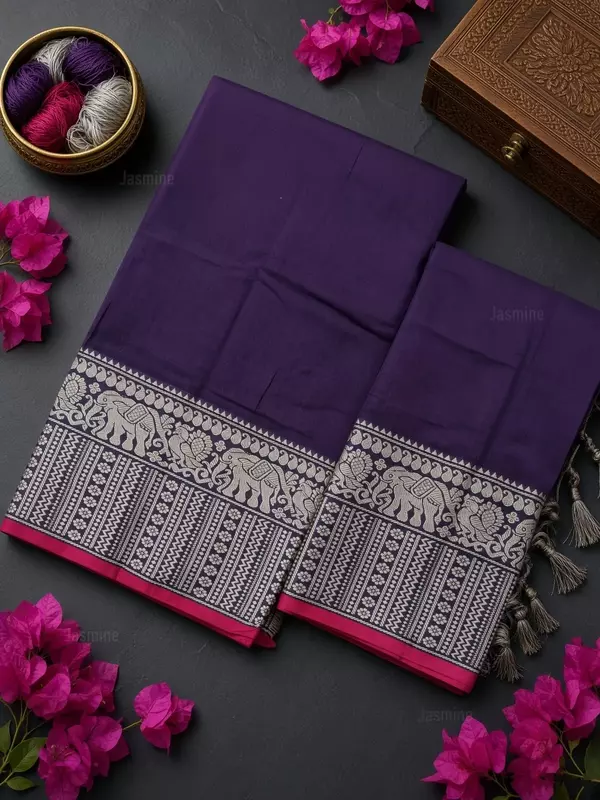 Narayanpet cotton salwar material in Violet with elephant woven border