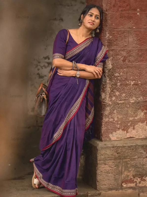 violet Narayanpet cotton saree with plain body and red border