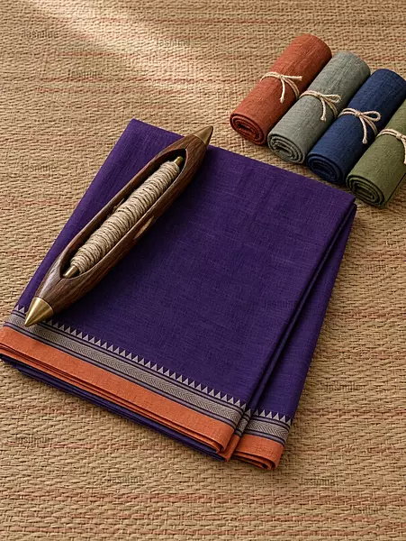 violet Narayanpet cotton saree with mustard yellow border