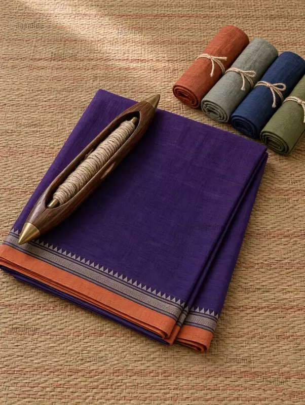 violet Narayanpet cotton saree with mustard yellow border