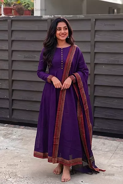 Plain violet cotton dress material with a simple red contrast border and matching dupatta